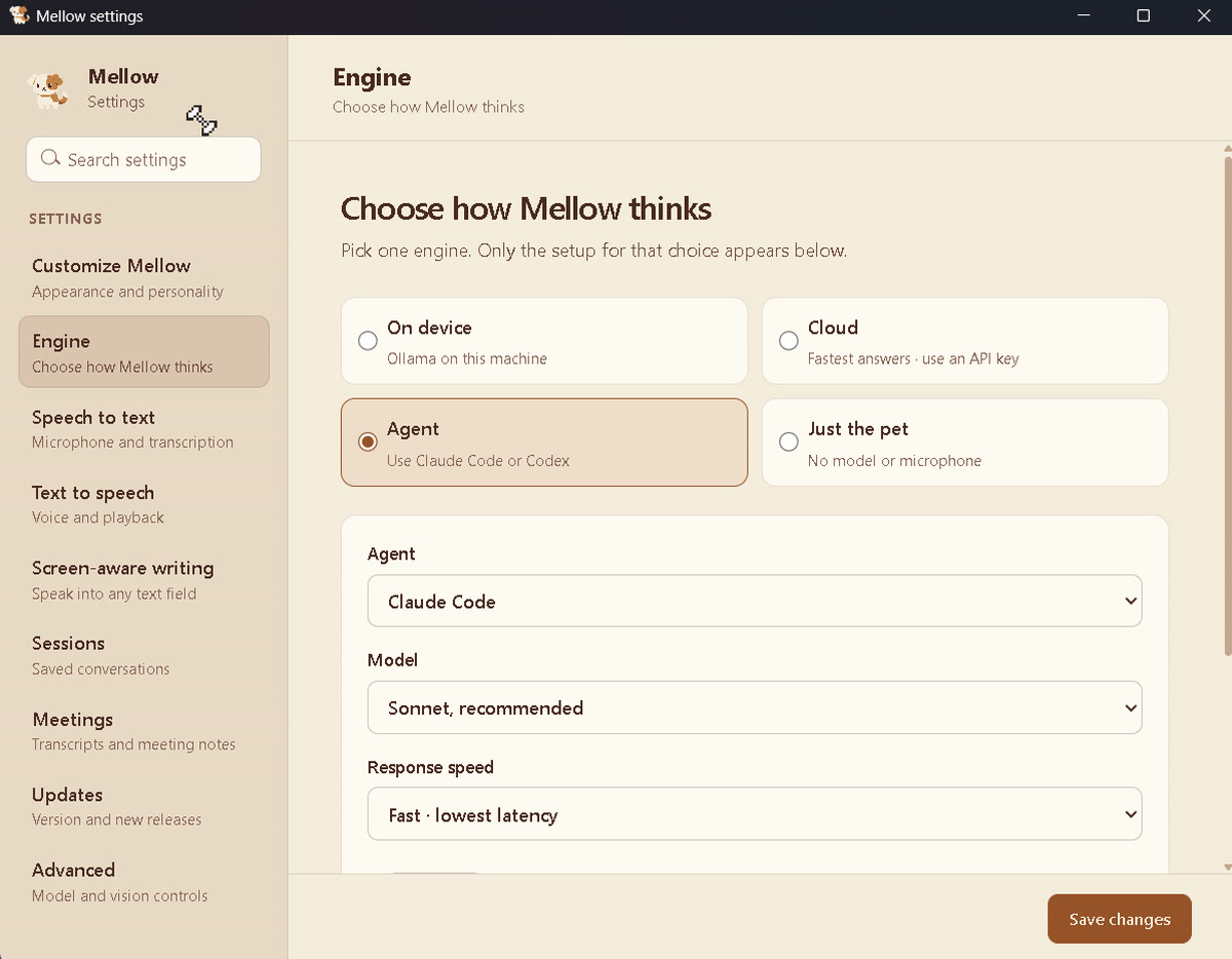 Mellow's Settings, Engine page with Agent selected, Claude Code as the agent and Sonnet as the model