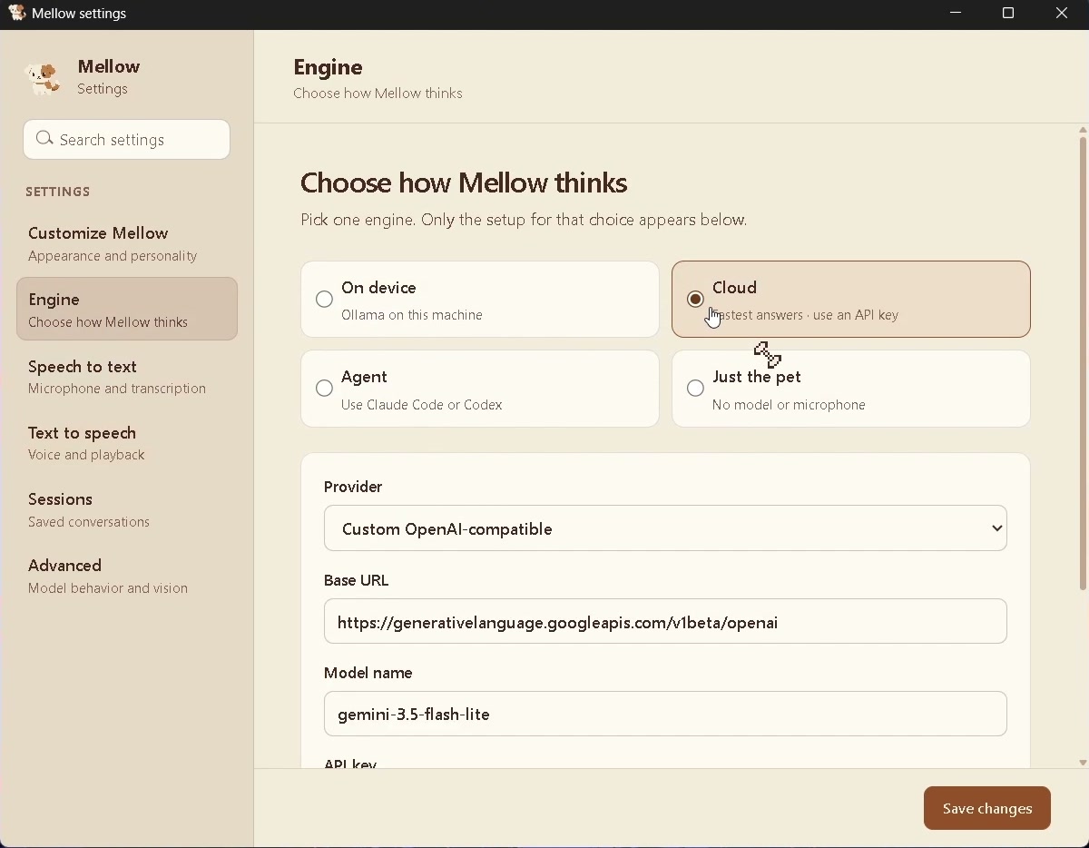 Mellow's Settings, Engine page with Cloud selected and a provider, base URL and model below