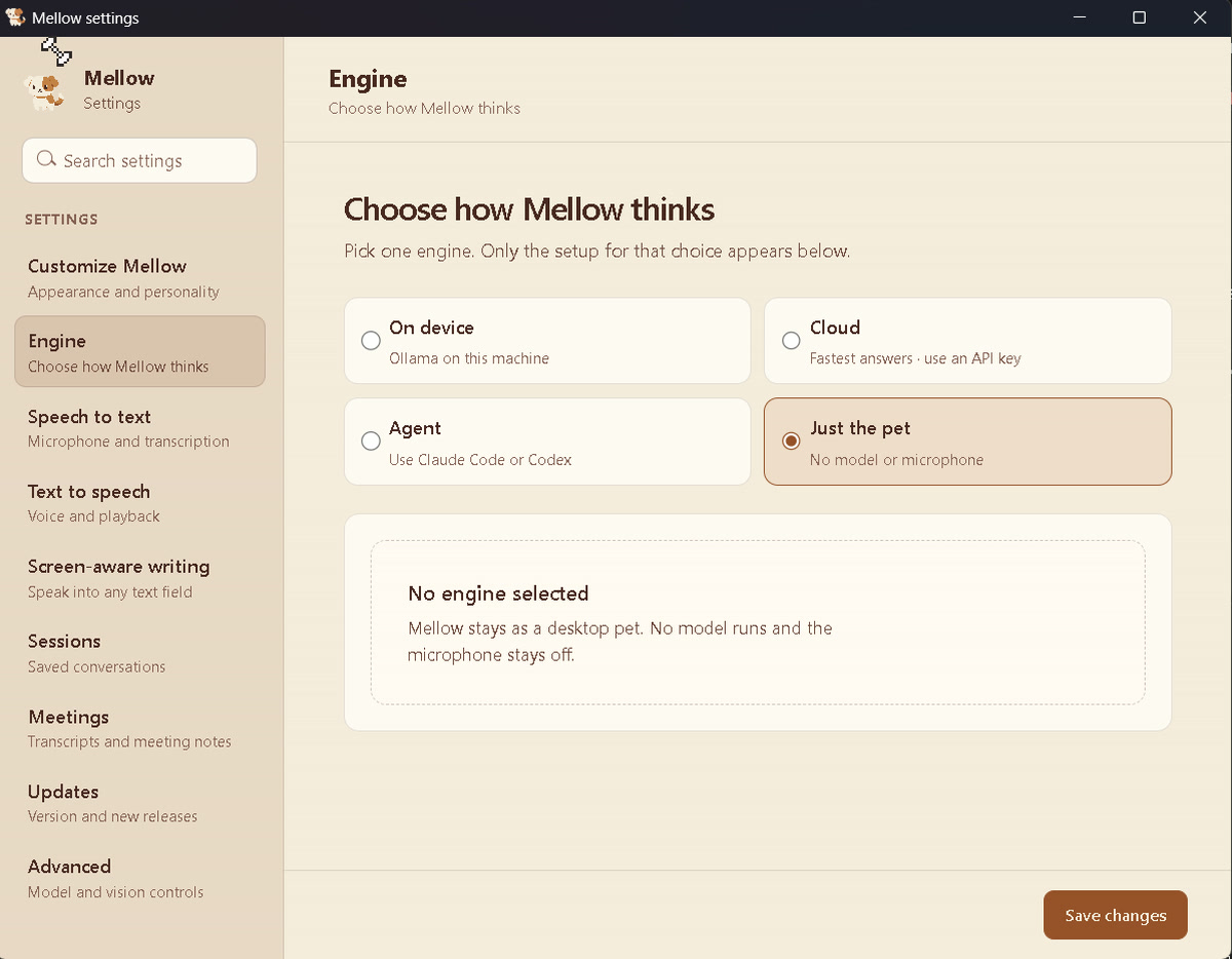 Mellow's Settings, Engine page with Just the pet selected: no engine, the microphone stays off