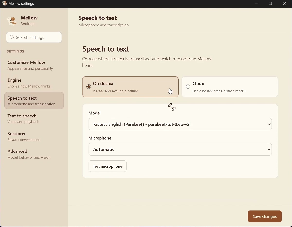 Mellow's Settings, Speech to text page with On device selected and the Parakeet model chosen